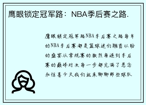 鹰眼锁定冠军路：NBA季后赛之路.